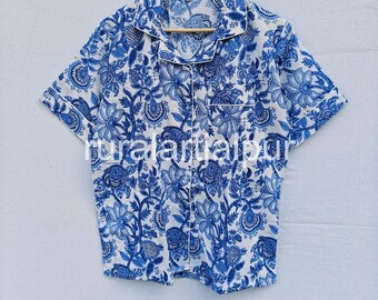 Cotton Pajama Set: Blue Block Print Sleepwear