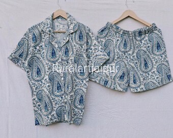 Indian Paisley Print Cotton Pajama Set, Short Sleeve Sleepwear