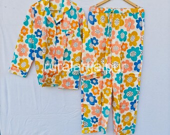 Handmade Block Print Cotton Pajama Set, Floral Sleepwear