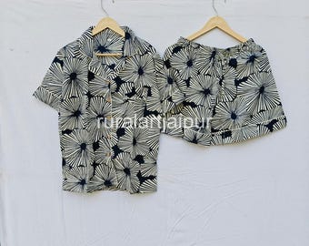 Block Print Short Pajamas,Floral Cotton Pajama Short Set: Bridal Party Sleepwear, pyjama