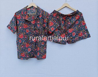 Floral Print Cotton Pajama Set: Ladies Sleep Shorts, Gift For Mom