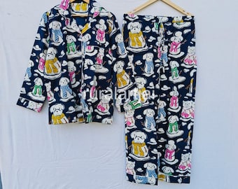 Block Printed Cotton Dog Pajama Set, Sleepwear Loungewear, Bridal Bridesmaid Gift
