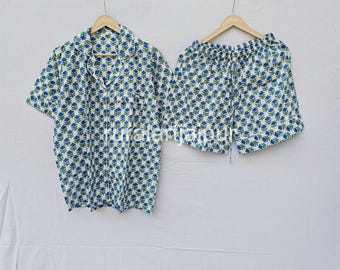 Floral Indian Cotton Short Set, Women's Pajama Set