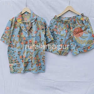 Cotton Block Print Pajama Set: Women&#39;s Summer Nightwear