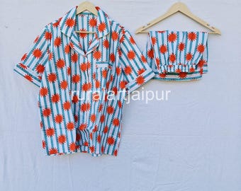 100% Cotton Block Print Pajama Set, Striped Sun Pattern Short Set
