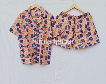 Indian Pink Floral Cotton Pajama Set, Women's Sleepwear, Beachwear