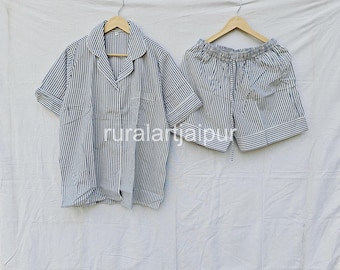 Block Print Cotton Short Set, Striped Pajamas