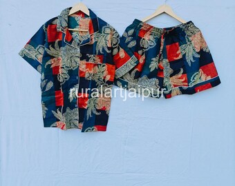 Block Print Cotton Pajama Set, Short Sleeve Sleepwear, Bridesmaid Gift