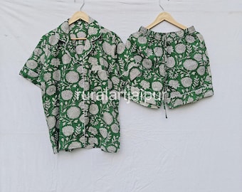 Floral Cotton Pajama Short Set, Green White Print, Block Print Pjs