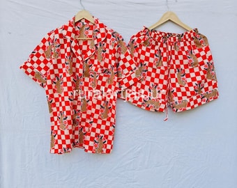 Cotton Short Pajama Set, Red Checkered Bridal PJs