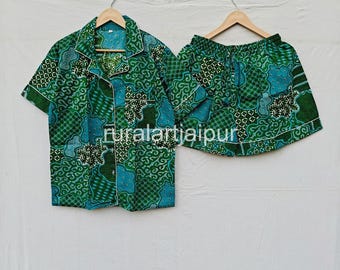 Cotton Pajama Set, Block Print Sleepwear, Women's Summer Dress