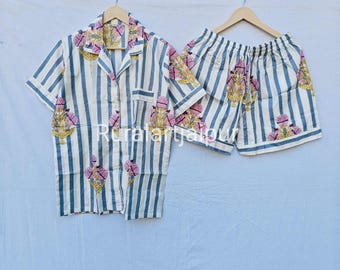 Floral Block Print Cotton Pajama Short Set