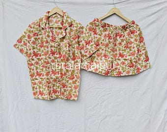 Indian Cotton Floral Pajama Set, Short Sleeve PJs