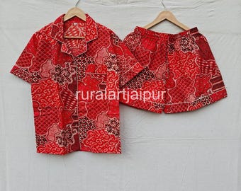 Cotton Pajama Set, Block Print Sleepwear, Women's Summer Dress