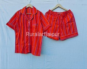 Orange Pink Striped Cotton Pajama Set, Short Sleeve Sleepwear