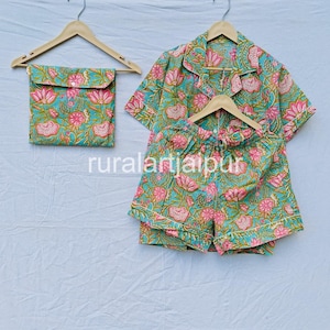 Cotton Block Print Pajama Set: Soft Bridesmaid Pajamas with Bag