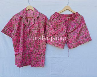 Cotton Pajama Set: Block Print Sleepwear, Women's Short Set