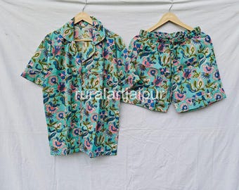 Block Print Bridesmaid Pajama Short Set, Cotton Sleepwear