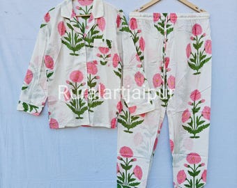 Pink Mughal Print Cotton Pajama Set, Women's Night Suit