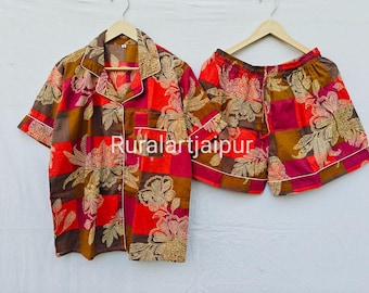 Block Print Cotton Short Pajama Set, Floral Patchwork Sleepwear