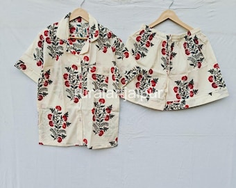 Cotton Pajama Set, Block Print Sleepwear, Women's Summer Dress