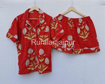 Mughal Print Cotton Shorts Set: Indian Pajama Sleepwear