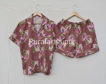 Indian Papaya Print Cotton Pajama Set, Short PJs, Beachwear