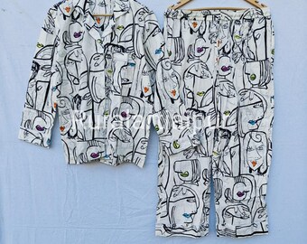 Cotton Pajama Set, Abstract Faces Print, Bridesmaid Gift