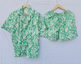 Cotton Pajama Set, Block Print Sleepwear, Women's Summer Dress