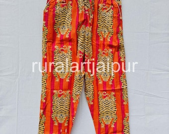 Tiger Print Cotton Trouser Pants: Lightweight Sleepwear with Drawstring