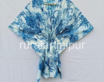 Floral Print Cotton Kaftan, Short Beach Cover-Up