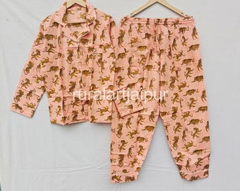 Pink Tiger Print Cotton Pajama Set, Bridesmaid PJs