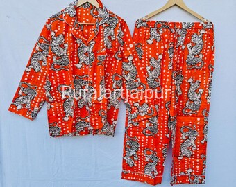 Orange Tiger Print Cotton Pajama Set, Bridal Party Gift