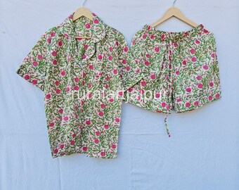 Cotton Pajama Set: Floral Block Print Summer Short Set