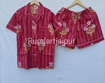 Indian Floral Print Cotton Pajama Short Set