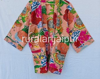 Floral Print Cotton Kimono Robe: Indian Artistry, Lightweight Cover-Up