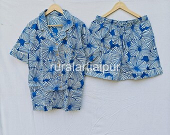 Block Print Short Pajamas, Cotton Bridesmaid Pajama Set: Blue Floral Bridal Party PJs, pyjama