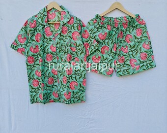 Cotton Pajama Set, Block Print Sleepwear, Women's Summer Dress