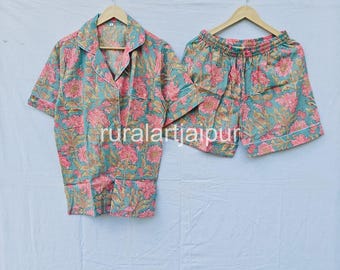 Cotton Pajama Set, Block Print Sleepwear, Women's Summer Dress