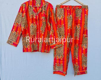 Orange Stripe Tiger Print Cotton Pajama Set, Personalized Bridesmaid PJs