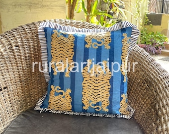Hand Block Print Cotton Pillow Cover: Stripe Tiger, Ruffle Edge
