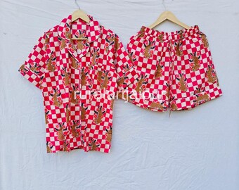 Indian Tiger Print Cotton Pajama Set, Short Sleeve Sleepwear