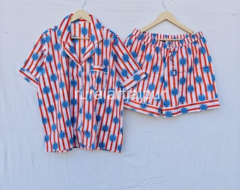 Block Print Cotton Pajama Set, Bridesmaid Sleepwear, Summer Loungewear