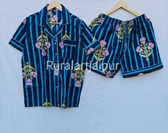 Handmade Printed Cotton Short Pajama Set, Women's Sleepwear