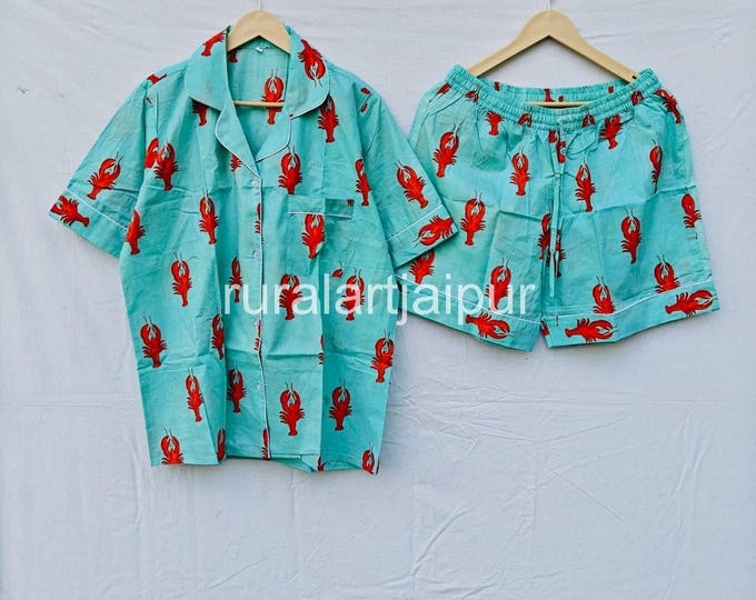 Featured listing image: Lobster Hawaiian Print Cotton Pajama Set, Bridesmaid Gift