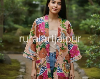 Floral Print Cotton Kimono Robe: Indian Block Print Short Jacket