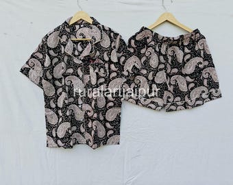 Hand Block Print Cotton Pajama Set, Indian Paisley Short Set