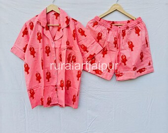 Cotton Pajama Set, Block Print Sleepwear, Women's Summer Dress