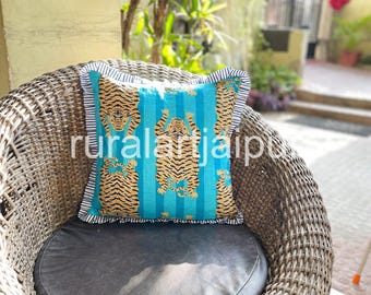 Hand Block Print Cotton Pillow Cover with Ruffles: Stripe Tiger Animal Cushion