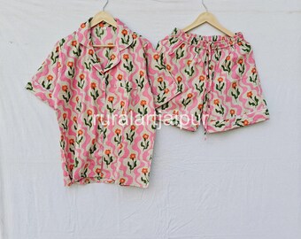 Cotton Pajama Set, Block Print Sleepwear, Women's Summer Dress